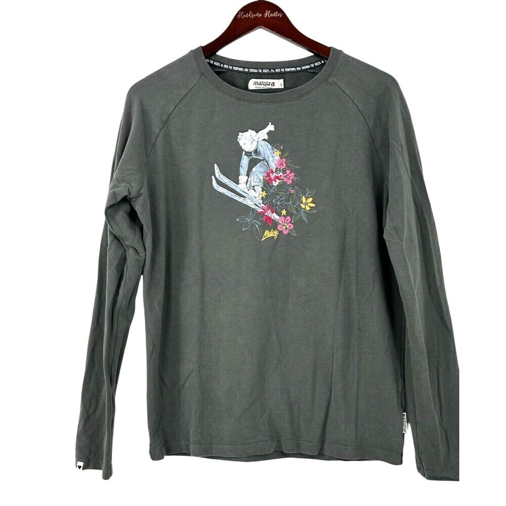 Maloja Women Size L Gray Long Sleeve T Shirt Outdoor Embroidered Ski Cotton N1